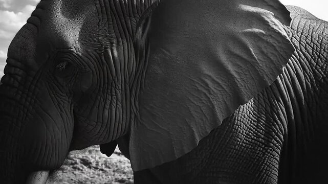 Close-Up Action of African Elephant in Nature, Captured in Black and White Photography