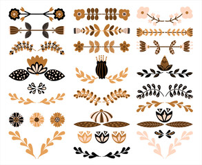 Folk flowers vector illustration, Scandinavian botanical ornaments, floral mirrored decorative elements collection © nastyasklyarova
