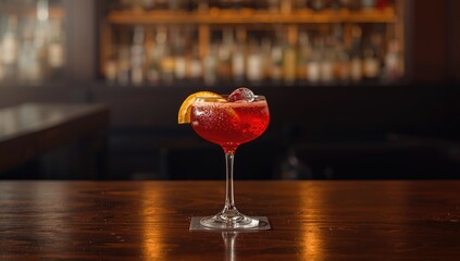 Red cocktail in a bar under colorful lighting, highlighting social drinking, World Alcohol Awareness Day