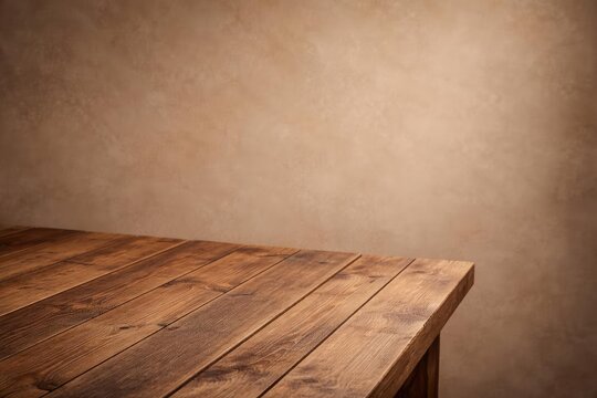 Side angled photo of wooden tabletop with visible plank details on a gentle shadow rough texture backdrop with copy space