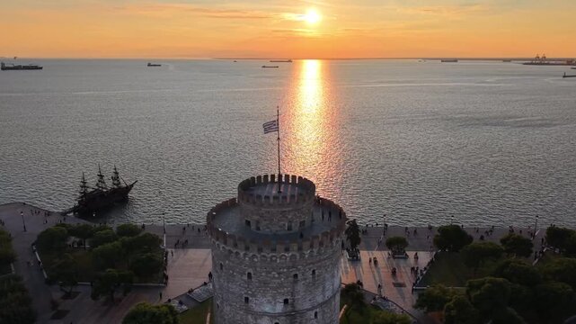 Aerial view of Thessaloniki's seafront and the White Tower late in the afternoon, Greece.