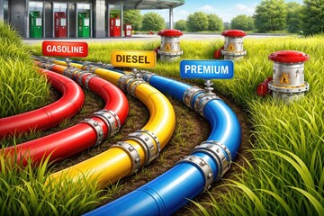 Station fuel lines curving among fresh green grass with color coded labels and emergency pressure venting