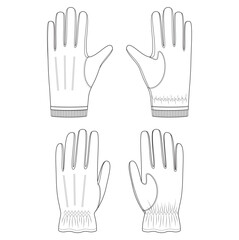 Fototapeta premium Vector fashion technical drawings of leather gloves with front and back view. Elastic details on the wrist area. Leather and knit fabric.