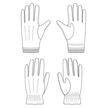 Vector fashion technical drawings of leather gloves with front and back view. Elastic details on the wrist area. Leather and knit fabric.