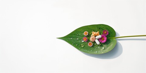 Fototapeta premium Homeopathic tablets atop a green leaf, highlighting herbal medicine use for wellness observance