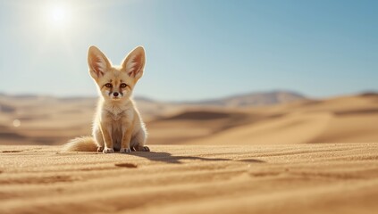 Obraz premium Fennec Fox with large ears and sandy coat in desert setting, focusing on natural camouflage and species traits, World Wildlife Day