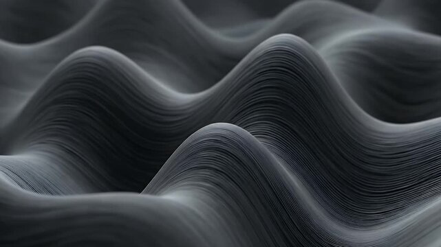An abstract, dark grayscale background featuring a dynamically undulating, wave-like surface. The intricate texture consists of countless fine, parallel lines creating peaks and valleys that smoothly 