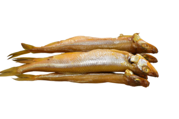 Smoked European smelt fish isolated on PNG background.