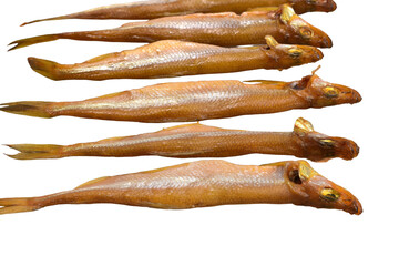 Smoked European smelt fish isolated on PNG background.