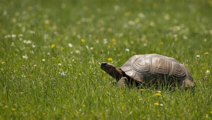 Portrait of a land turtle on the ground, focusing on shell patterns for nature conservation, World Turtle Day
