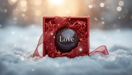 Decorative red box containing a love-engraved stone, designed for special gift presentation