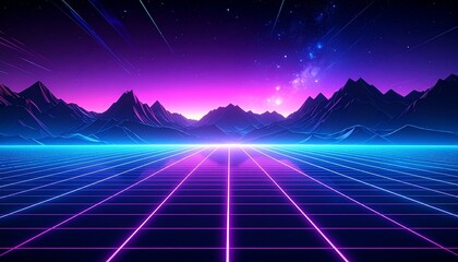 Retro-futuristic wireframe landscape with blue grid, jagged mountains, neon sun, and starry gradient sky.