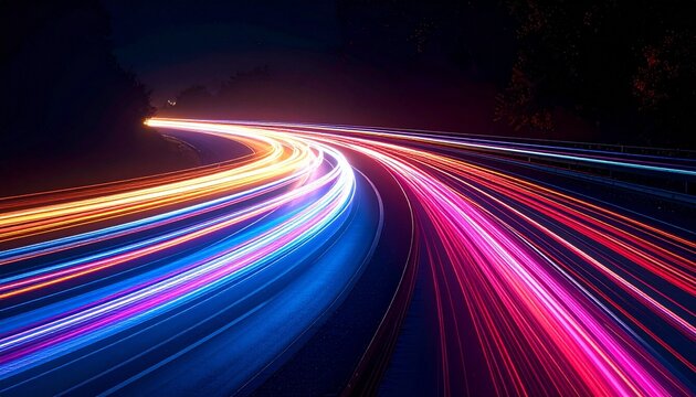 Long-exposure night photo of curved highway with vibrant multicolored light trails against dark background. - Powered by Adobe