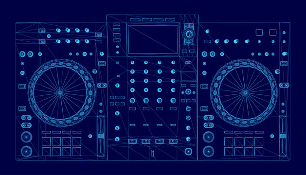 A detailed blueprint or wireframe of a DJ controller on a solid blue background highlights the electronic device's layout and components.