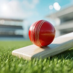 Cricket ball and bat on a grass field