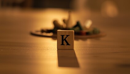 Image of a letter K tile from a board game, highlighting alphabet and typographic elements