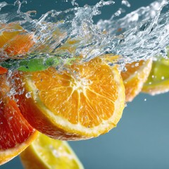 Citrus fruit slices splashing in water transparent background