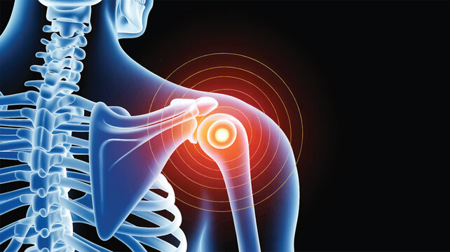 Modern medical illustration depicting chronic discomfort and inflammation within the human shoulder joint, highlighting areas of acute pain and musculoskeletal issues with radiating red signals