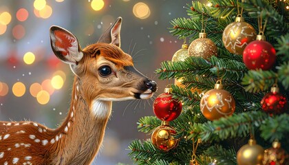 Festive indoor scene with decorated Christmas tree and young deer beside it, warm daylight through window.