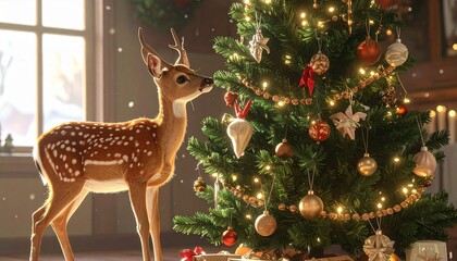 Festive indoor scene with decorated Christmas tree and young deer beside it, warm daylight through window.