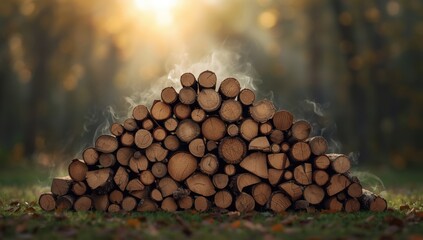 Abstract texture of a harvested wood pile with trees and fire elements, suitable for nature-themed layouts or environmental awareness campaigns
