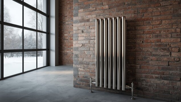 Eight-section bimetallic radiator showcased in a heating supply shop, emphasizing repair and installation processes