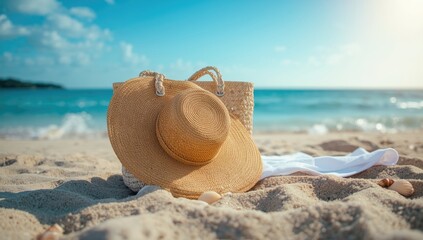 Closeup of summer beach bag and straw hat on sandy beach, highlighting beach outing essentials for seasonal travel
