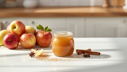 Fresh summer apples and homemade organic applesauce in a jar on a white wooden surface, emphasizing natural food choices and healthful eating, World Food Day
