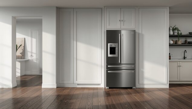 Contemporary kitchen featuring white walls, wooden flooring, cabinetry, integrated cooking appliances, and a spacious fridge, suited for functional food storage