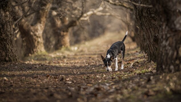 Dog tracking truffles among hazelnuts in a woodland, highlighting natural foraging behavior in a scenic landscape