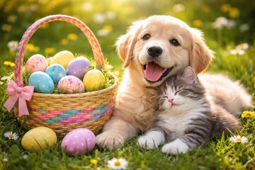 A joyful dog and playful kitten cuddling beside a colorful straw basket filled with Easter eggs