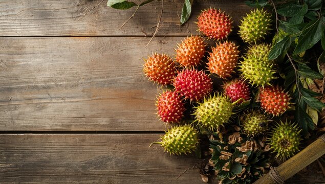 Rambutan fruits displayed on rustic wood, highlighting farm harvest and tropical food ingredients