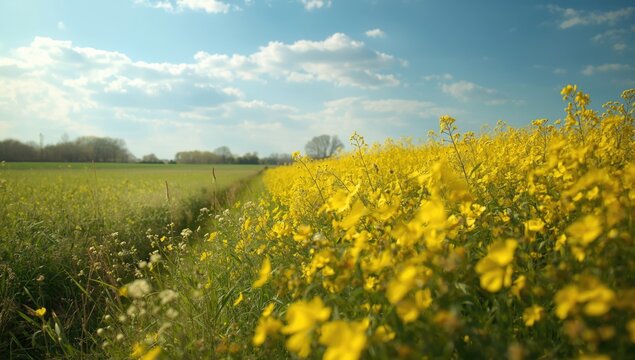 Bright outdoor colza blossom landscape serving as an editorial header background in spring