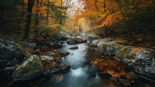 Vivid fall water scene in a mountain forest, landscape, seasonal foliage, Earth Day
