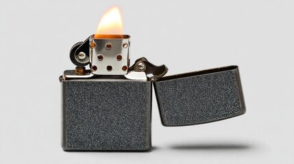 Metallic lighter ignited with flame on a white background