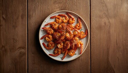 Overhead shot of roasted shrimp arranged on rustic wood, highlighting seafood texture and cooking method