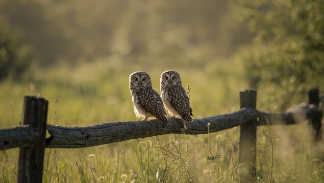 A pair of spotted owls resting on a fence, highlighting their camouflage and nocturnal behavior, Earth Day