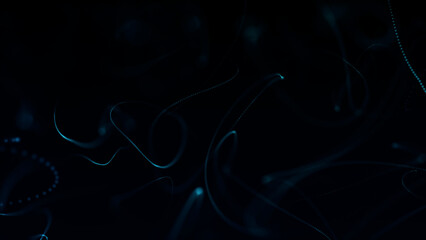 Abstract blue particle strings and flowing digital energy lines forming futuristic background, technology data flow, depth and light.