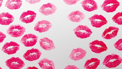 Pink lip prints scattered across white paper, serving as a pattern for fashion or beauty layouts, International Women's Day