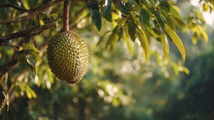 Durian fruit hanging from a tree branch sunny day
