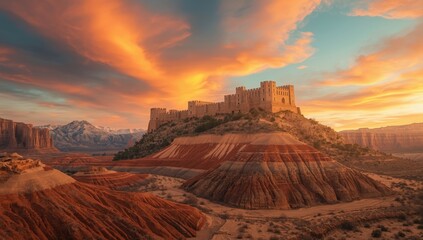 Armantes Castle surrounded by Spanish mountain scenery with a vibrant sunset and desert terrain, suitable for travel and tourism imagery, World Tourism Day
