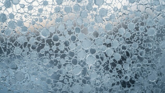 Small circular ice crystals connected by tentacles on a frosty window, illustrating natural winter patterns, seasonal change