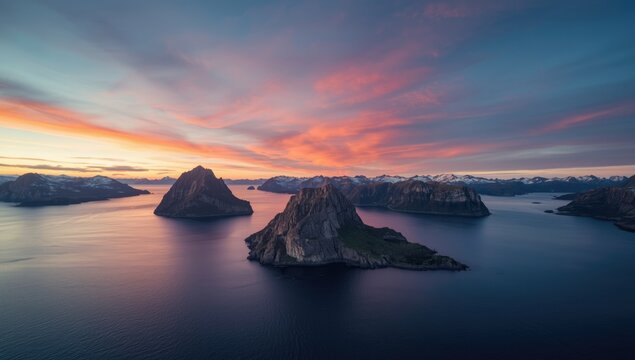 The evening light casts a warm glow on the Norway fjords and rugged mountains as the sun dips below the horizon, highlighting landscape preservation
