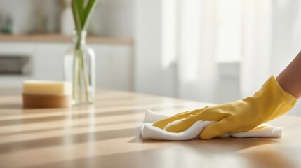 Gloved hand wipes table surface using microfiber cloth during cleaning routine. Surface sanitation supports hygiene standards, bacteria removal, and household maintenance. Domestic cleaning reflects 
