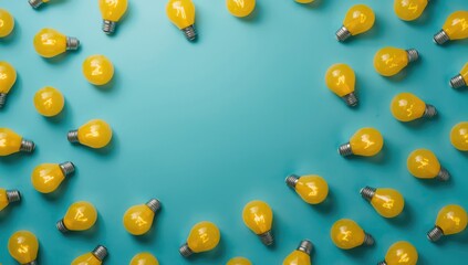 Bright yellow light bulb against a green turquoise surface, serving as an idea and creativity backdrop for thinking and innovation