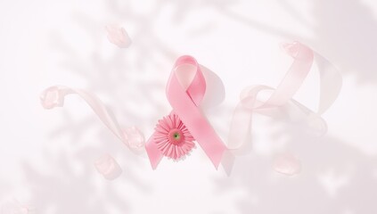 Pink ribbon with gerbera flowers on backdrop, emphasizing cancer awareness symbols, World Cancer Day