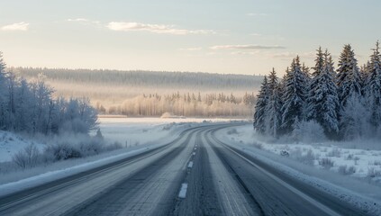 Vehicle navigating a snow-covered forest road, highlighting winter weather challenges, winter safety awareness day