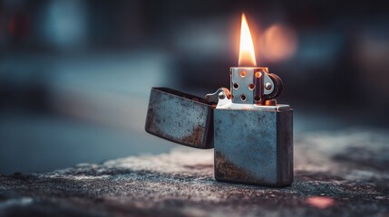 Close up of a lit metal lighter with flame against a blurred background