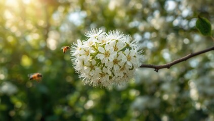 Robinia pseudoacacia flowering branch with numerous blossoms serving as nectar source for honeybees, pollination activity during spring