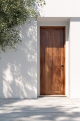 Wooden door in a white wall with vegetation